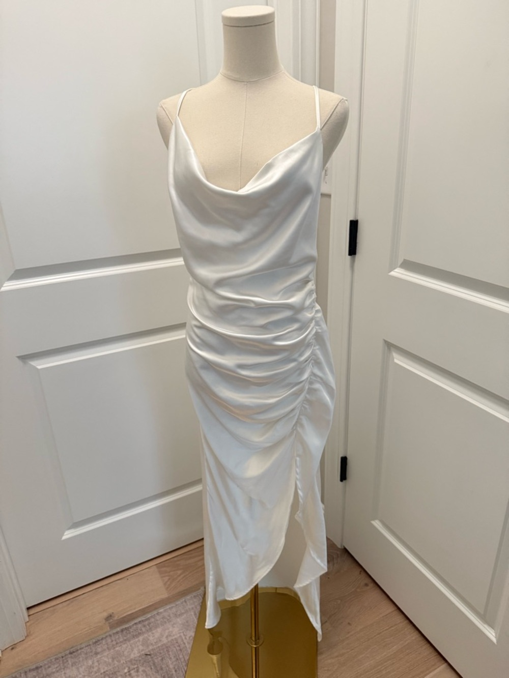 Endless Rose White Satin Cowl Ruched Midi Slip Dress